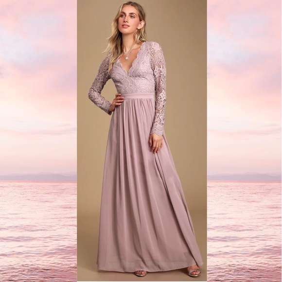 SOLD RARE Lulus Awaken My Love Dusty Lavender Long Sleeve Lace Maxi Dress - Picture 6 of 16
